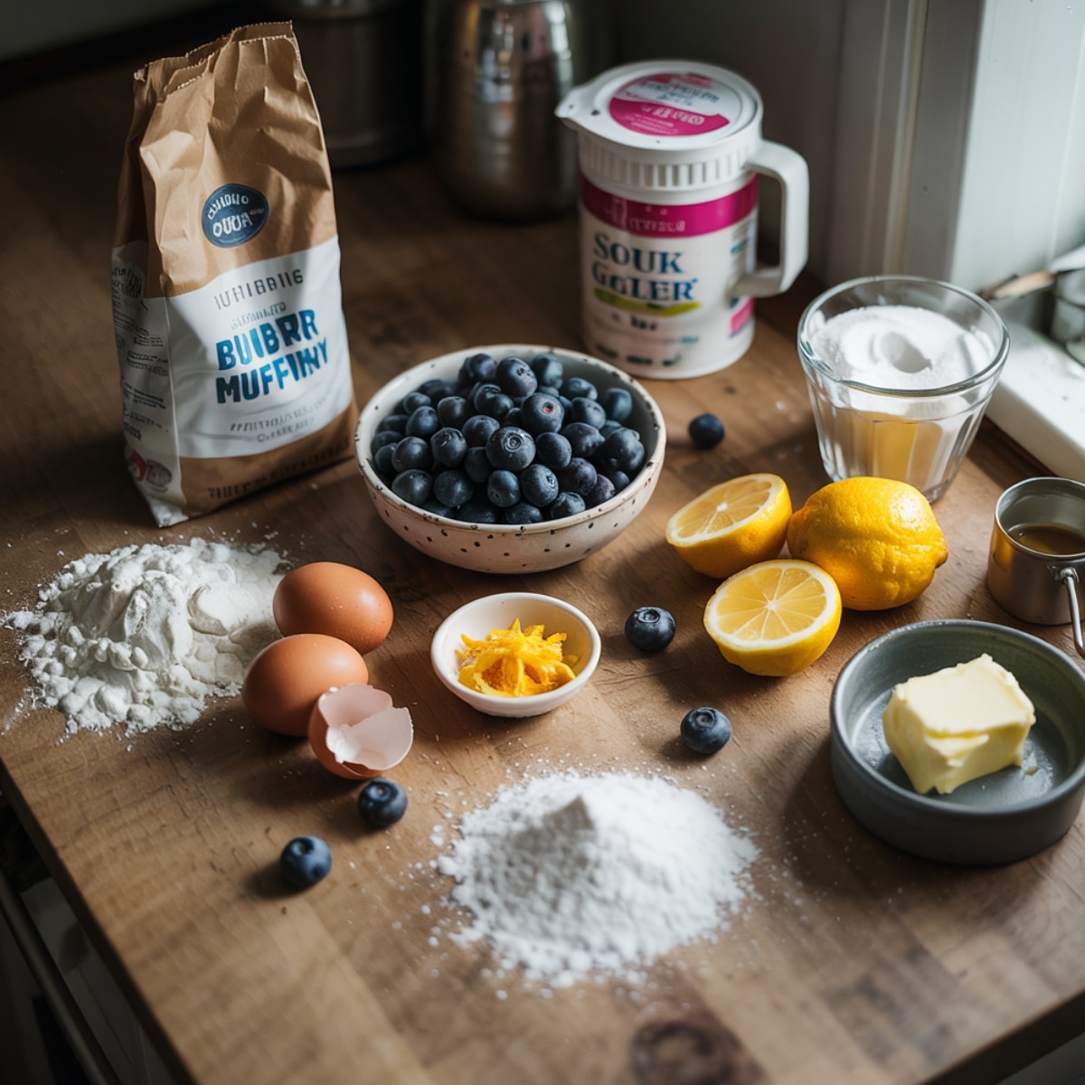 Homemade setup of lemon blueberry muffins ingredients on a rustic wooden counter with flour, eggs, blueberries, lemons, sugar, butter, and sour cream in natural light. Slightly messy and cozy, like a real home baker's kitchen.