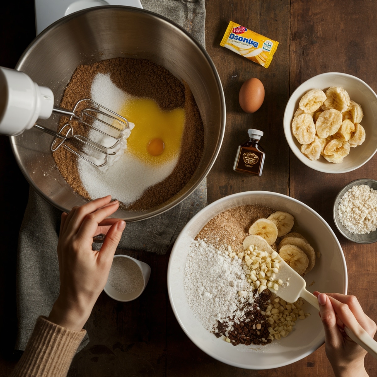 Mixing ingredients for Banana Pudding Cookie Recipe in a stainless steel bowl. An electric mixer is blending brown sugar, granulated sugar, and an egg with melted butter. A separate bowl contains dry ingredients, including banana pudding mix, flour, white and dark chocolate chips, and sliced bananas, being mixed with a spatula. Nearby, vanilla extract and dried banana chips are ready to be added. The warm, rustic setting enhances the homemade baking experience.