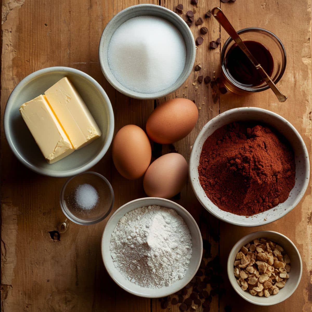 Rustic top-down view of homemade sourdough brownies ingredients on a wooden surface, including butter, sugar, eggs, vanilla extract, cocoa powder, flour, salt, and nuts, with scattered chocolate chips for a cozy, homemade feel.