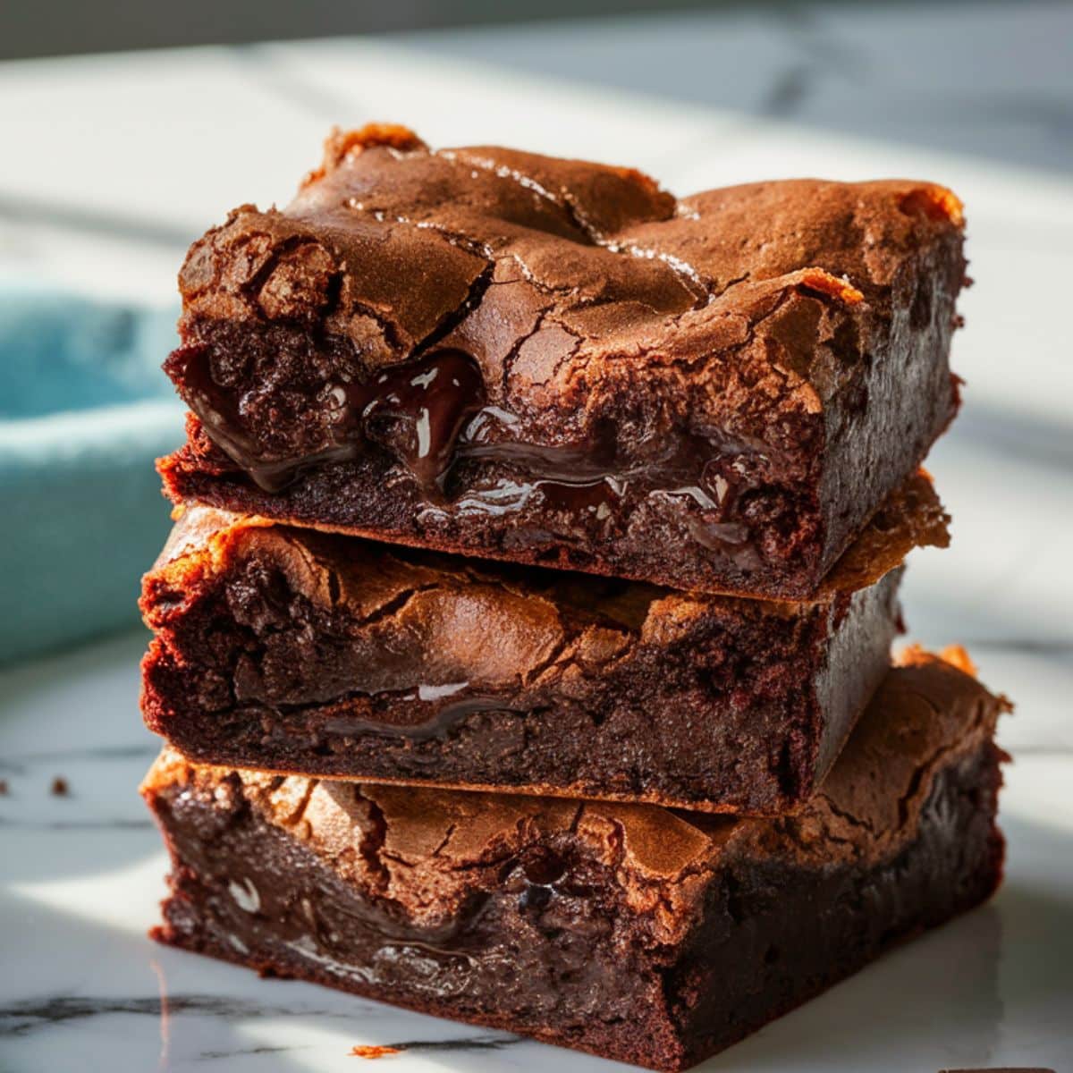 A stack of three fudgy sourdough brownies with a crisp, crackly top and gooey melted chocolate, placed on a marble surface with chocolate chunks and a blue towel in the background.