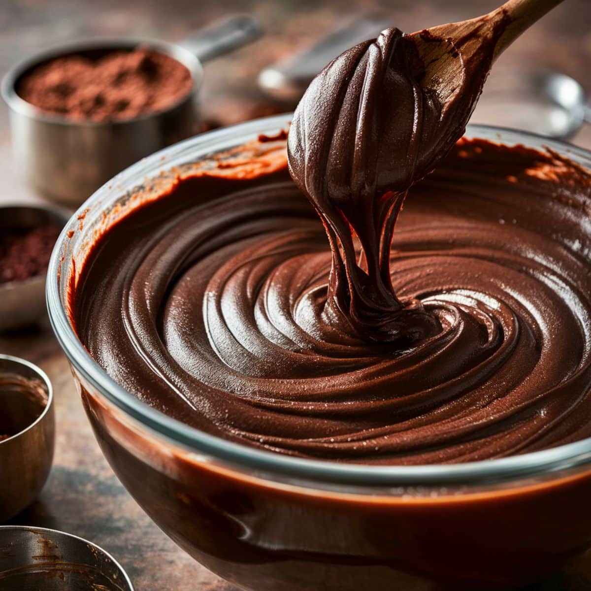 Thick, glossy sourdough brownie batter in a glass bowl, with a wooden spoon lifting a rich swirl. Cocoa powder and measuring cups sit blurred in the background