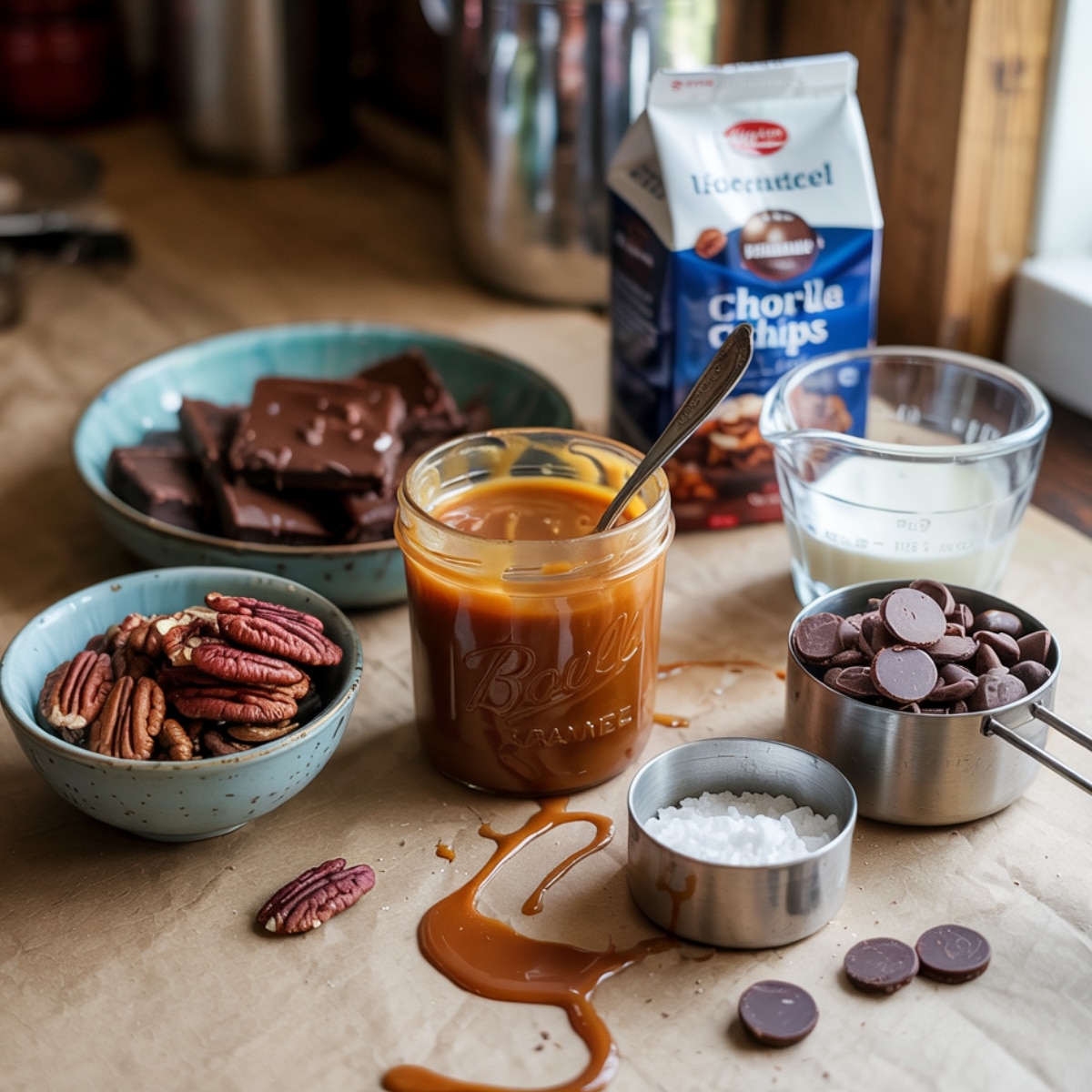 Homemade turtle brownie ingredients on parchment paper: a jar of caramel sauce with drips, toasted pecans, flaky sea salt, chocolate chips, heavy cream, and baking chocolate. Natural light, cozy and imperfect kitchen scene.