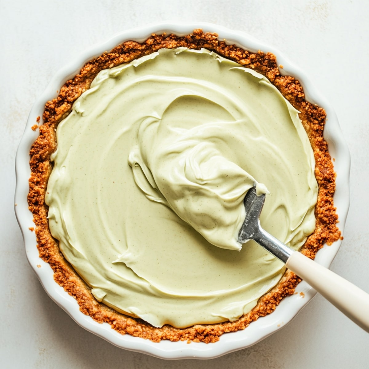 A homemade pistachio pie in a white pie dish with creamy green filling being spread with a spatula over a graham cracker crust.
