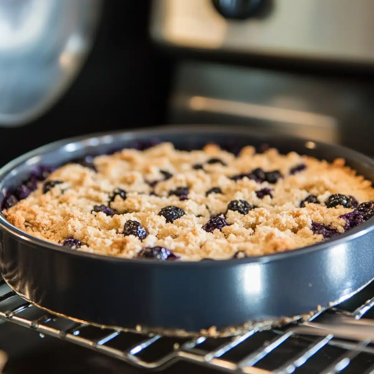 A freshly baked blueberry coffee cake in a round springform pan with a golden, crumbly streusel topping and visible blueberries. The cake is cooling on a wire rack just outside the oven, illuminated by soft natural light.