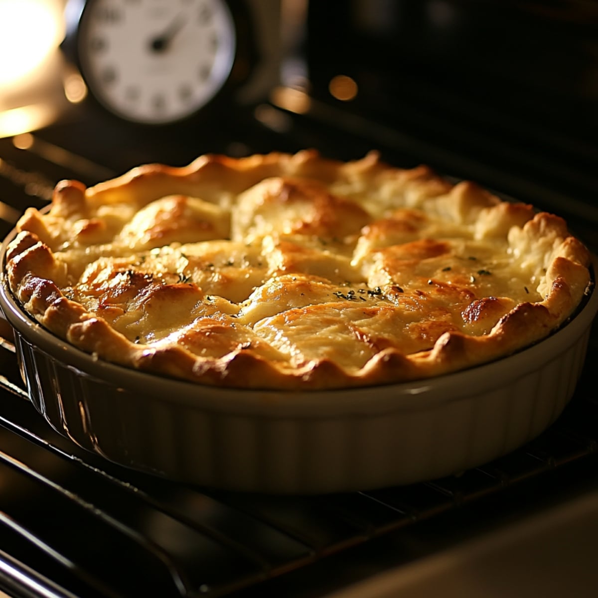 A golden-brown hamburger pie fresh out of the oven, with a flaky, glossy crust in a white ceramic dish. The crust is crimped and puffed around the edges, with steam vents and lightly browned patches glistening in the warm oven light, set against a softly lit kitchen background with a vintage-style clock in view.