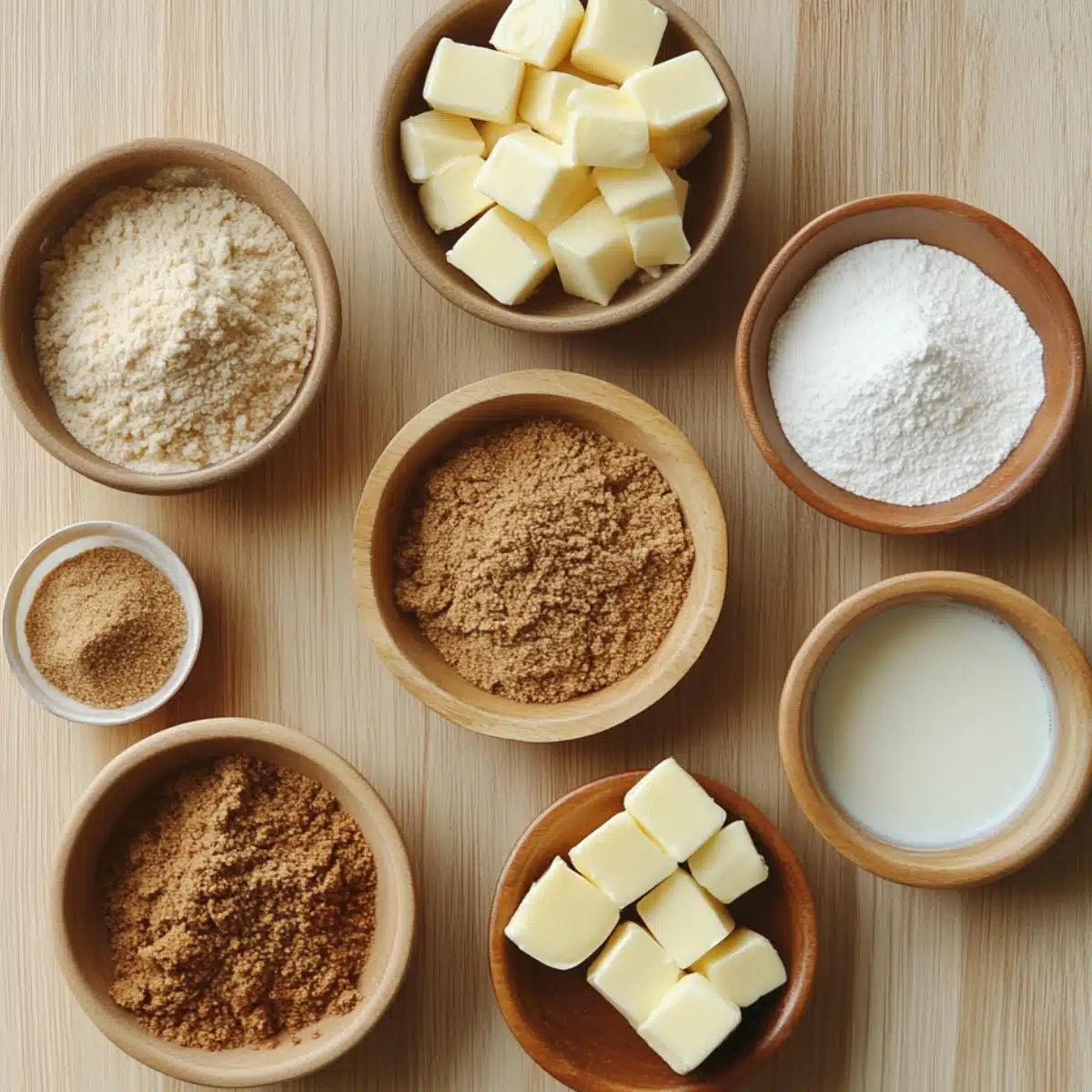 A rustic arrangement of blueberry coffee cake ingredients on a light wooden surface. Includes cubes of cold butter, all-purpose flour, brown sugar, powdered sugar, ground cinnamon, and milk, all in wooden bowls, with soft, natural lighting creating a cozy, homemade feel.