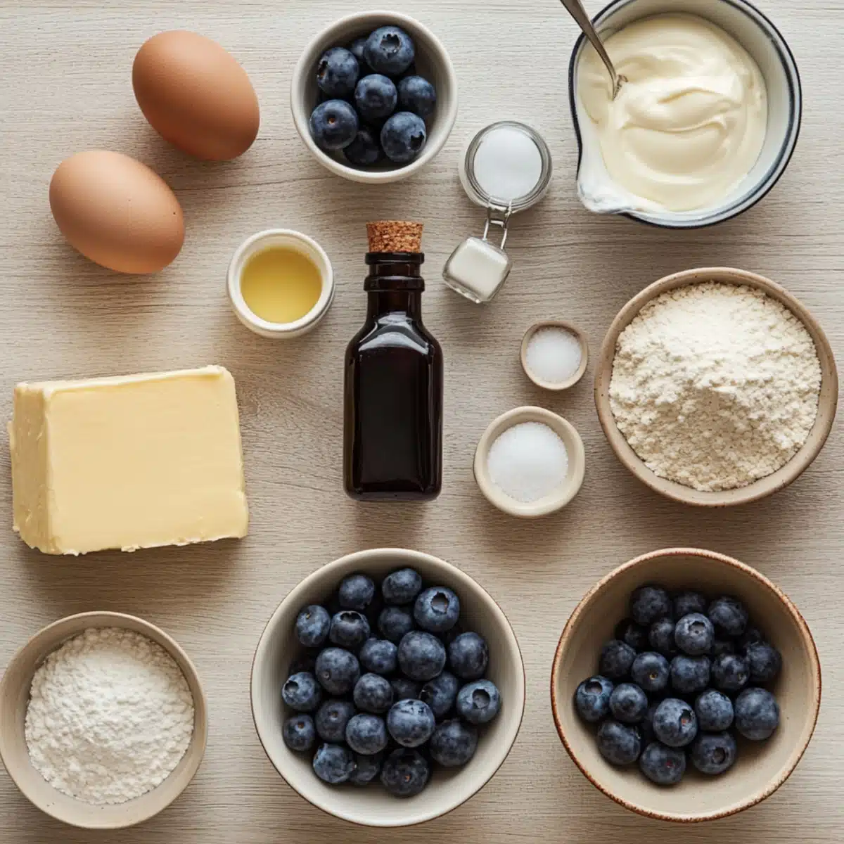 A top-down view of ingredients for a blueberry coffee cake on a light wooden surface. Includes two brown eggs, vanilla extract, milk, unsalted butter, all-purpose flour, two bowls of fresh blueberries, sugar, salt, sour cream, and baking powder, arranged in simple ceramic bowls and glass jars, with soft, natural lighting.