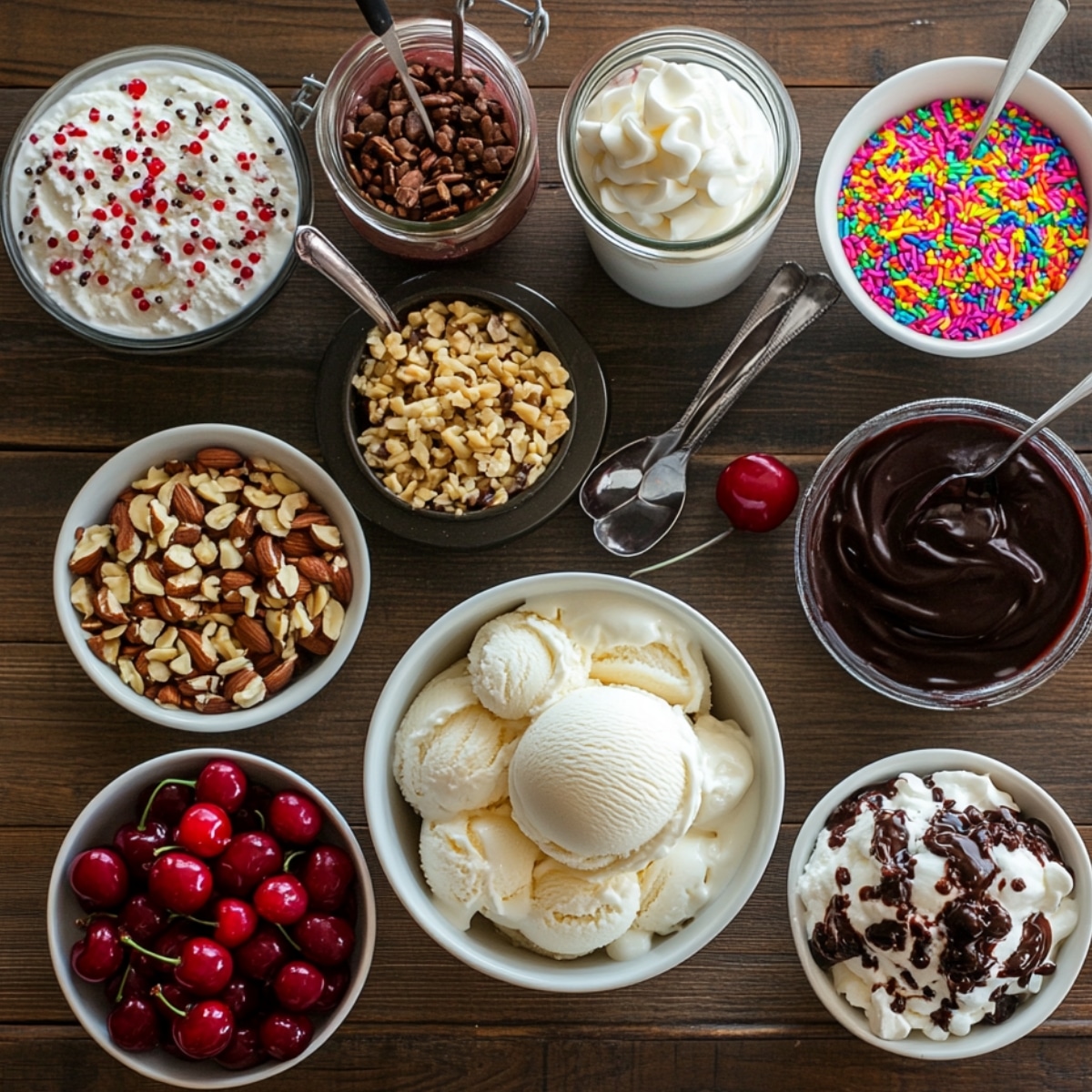 A bowl of vanilla ice cream surrounded by hot fudge, whipped cream, sprinkles, nuts, cherries, and a finished sundae on a wooden surface.