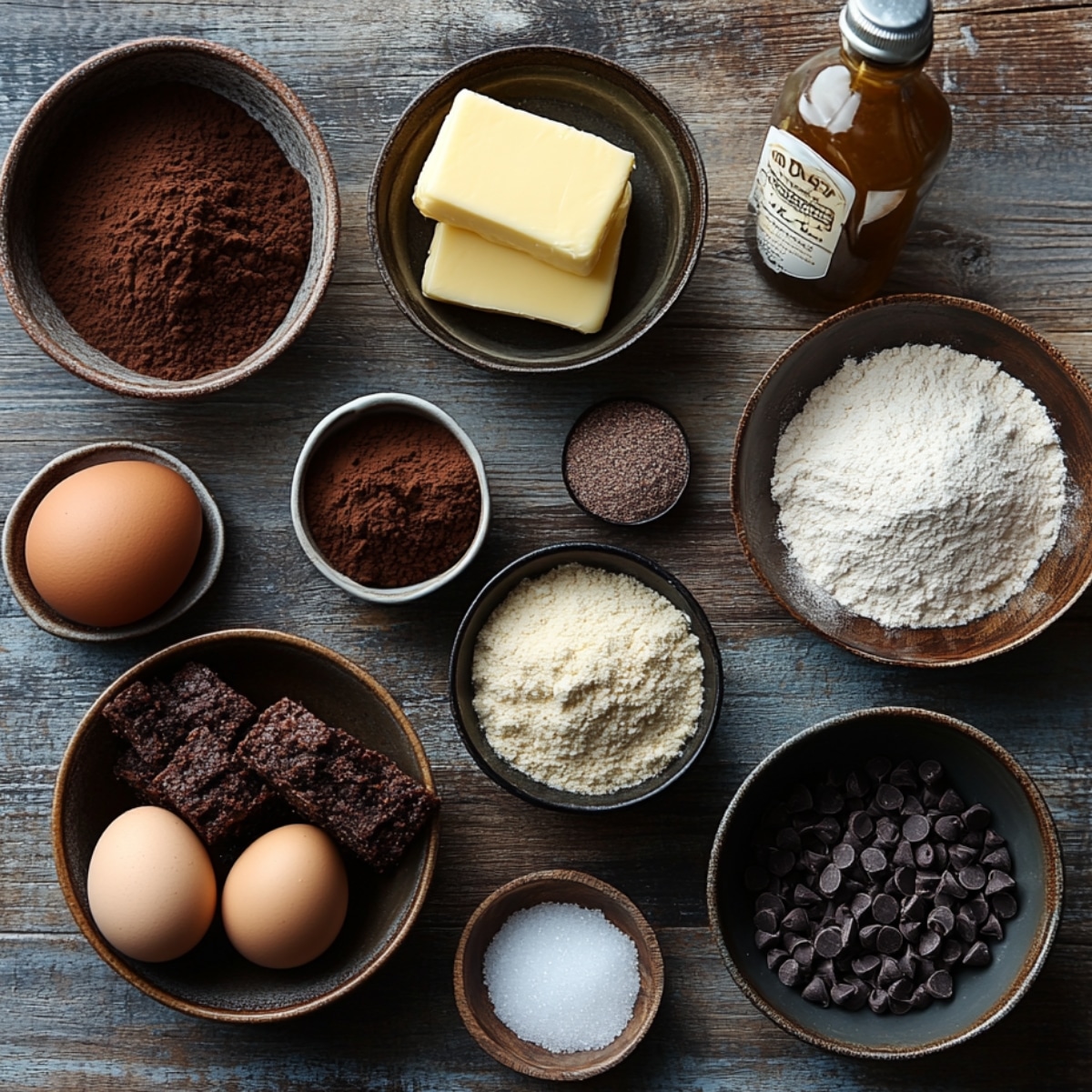 Brownie ingredients neatly arranged on a rustic table—eggs, butter, flour, cocoa powder, sugar, vanilla, and chocolate chips.
