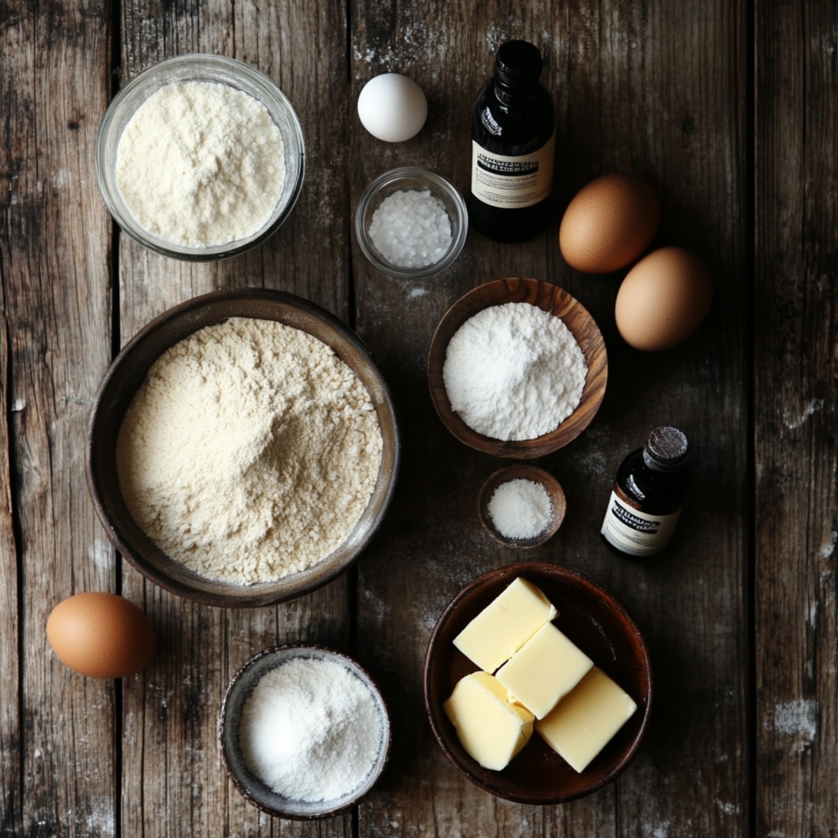 A cozy, rustic kitchen setup with ingredients for a homemade coconut cake. Includes bowls of flour, powdered sugar, cubed butter, eggs (brown and white), coarse sugar, baking powder, salt, and bottles of vanilla and coconut extract, all arranged on a weathered wooden table with warm, natural lighting.