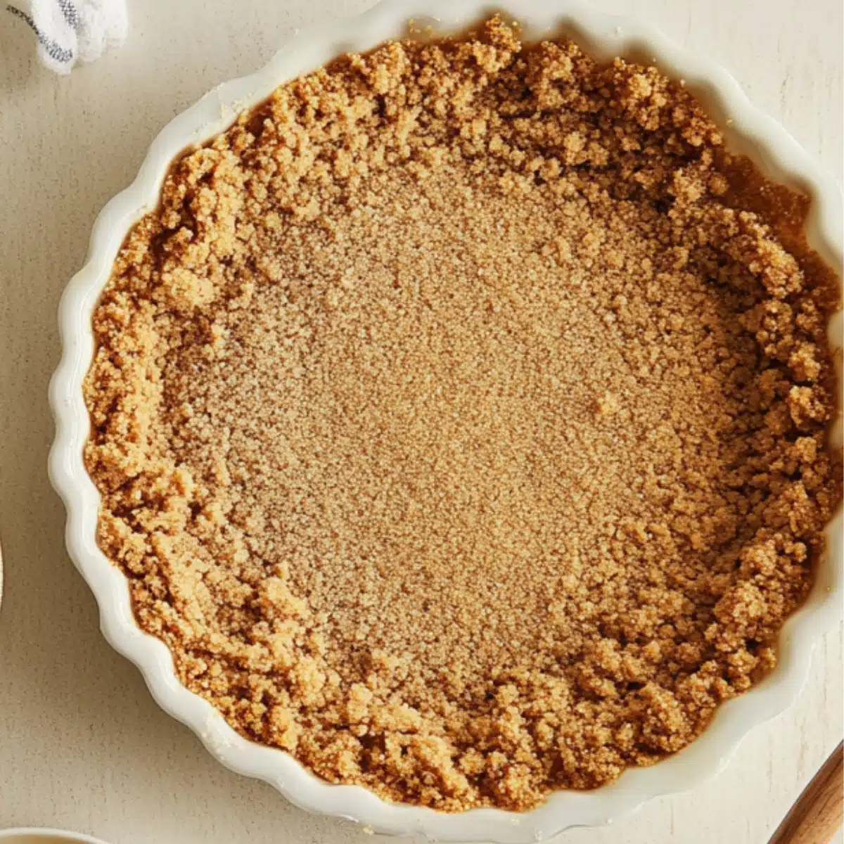 A homemade graham cracker crust pressed into a white pie dish with scalloped edges, sitting on a light wooden surface with a kitchen towel nearby.