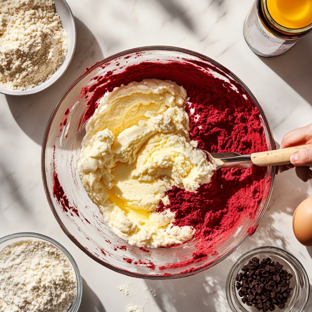 Partially mixed red velvet cookie dough in a glass bowl with butter and red cocoa, surrounded by baking ingredients on a sunlit kitchen counter.