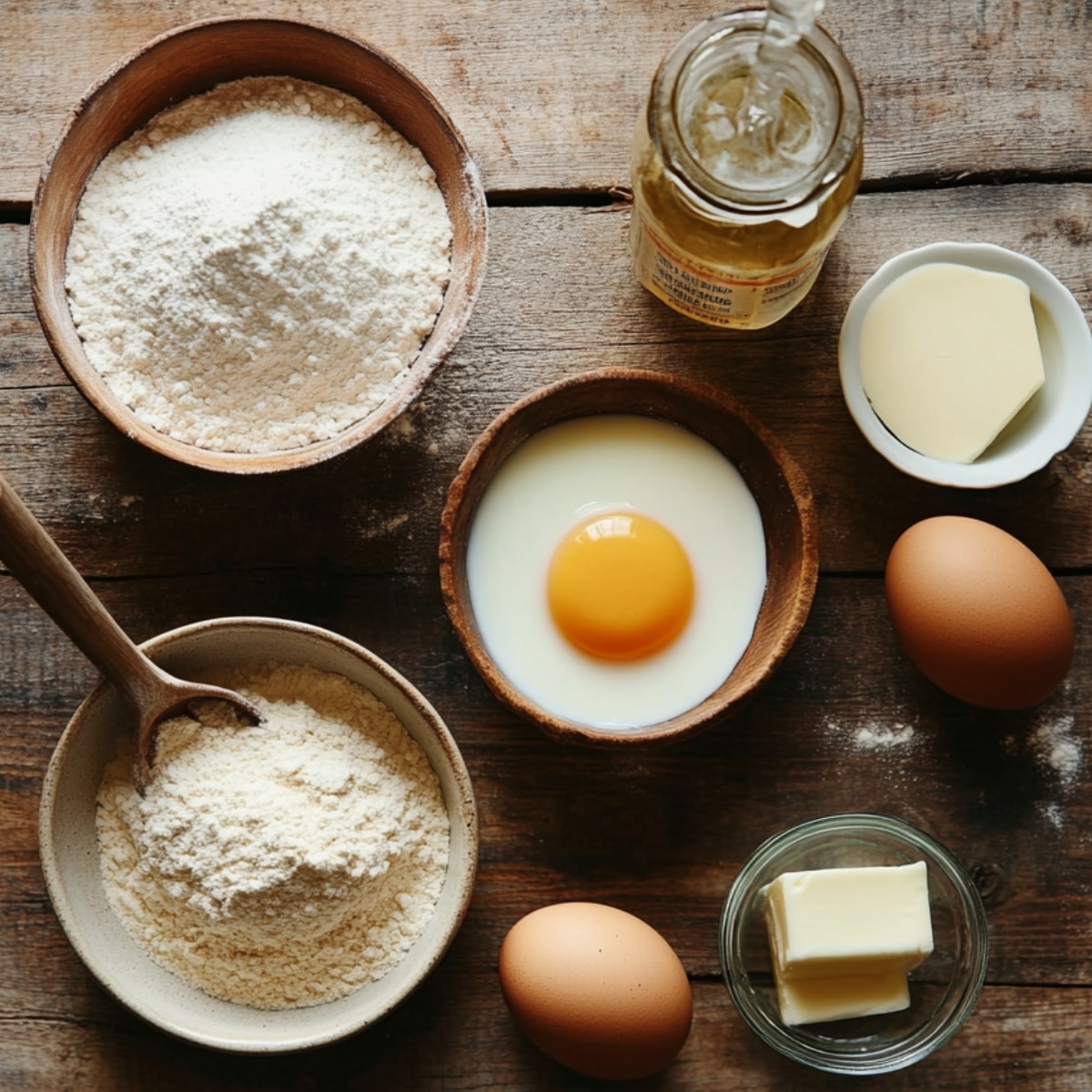 Baking ingredients on a rustic wooden surface: flour, a cracked egg in milk, brown eggs, butter, and oil—ready for a homemade dark chocolate cake.