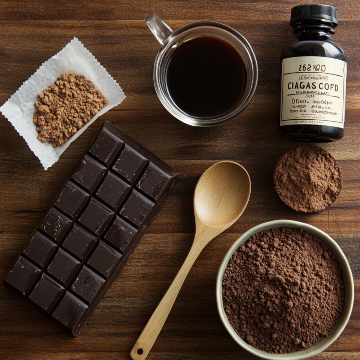 A flat lay of dark chocolate cake ingredients on a wooden surface, including a bar of dark chocolate, Dutch-process cocoa powder, a glass of black coffee, a vintage vanilla extract bottle, a wooden spoon, and bowls of cocoa powder.