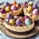 Homemade Easter Egg Cheesecake featuring creamy, smooth cheesecake filling on a chocolate biscuit crumb base, beautifully topped with colorful pastel chocolate eggs and sprinkled generously with chocolate shavings.