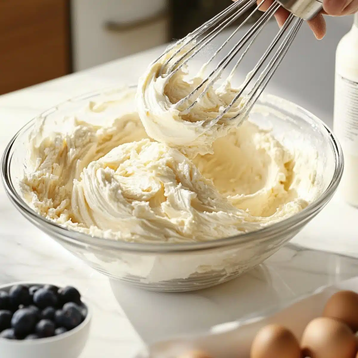 A close-up of a whisk lifting creamy butter and sugar batter from a glass bowl, with fresh blueberries and a carton of eggs in the background. Soft, natural light highlights the smooth texture of the batter, creating a cozy, homemade vibe.