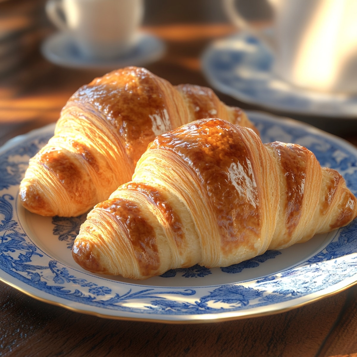Two golden, flaky croissants (Gipfeli) on a vintage blue-and-white plate, lit by warm morning sunlight on a wooden table with coffee cups in the background.