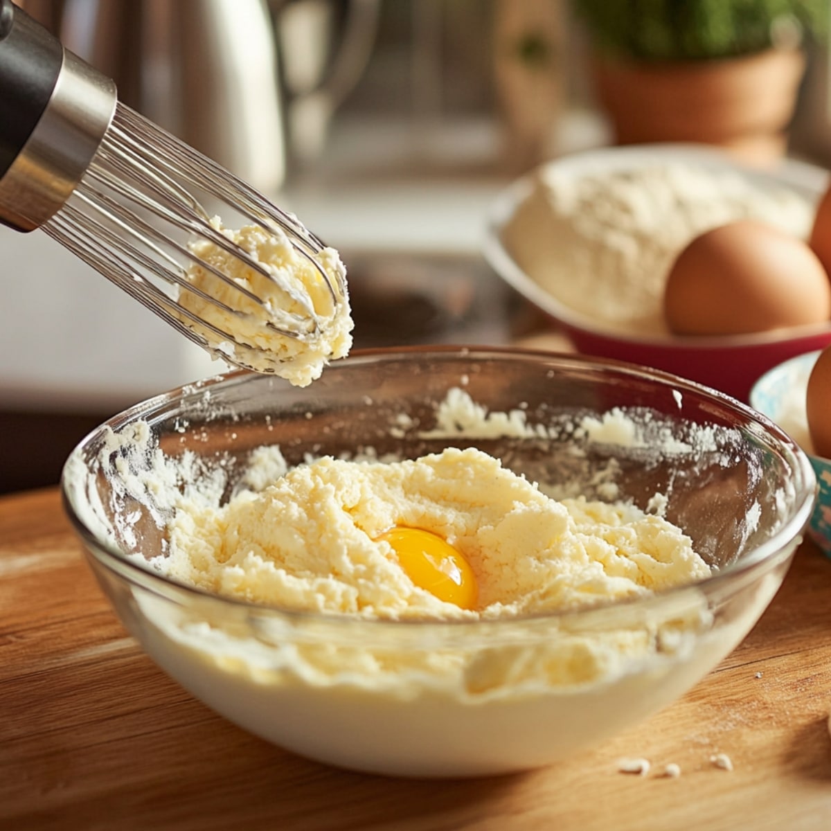 Glass bowl of creamed butter and sugar with a raw egg in the center, a whisk lifted above, and flour and eggs in the background on a wooden kitchen counter in warm natural light.
