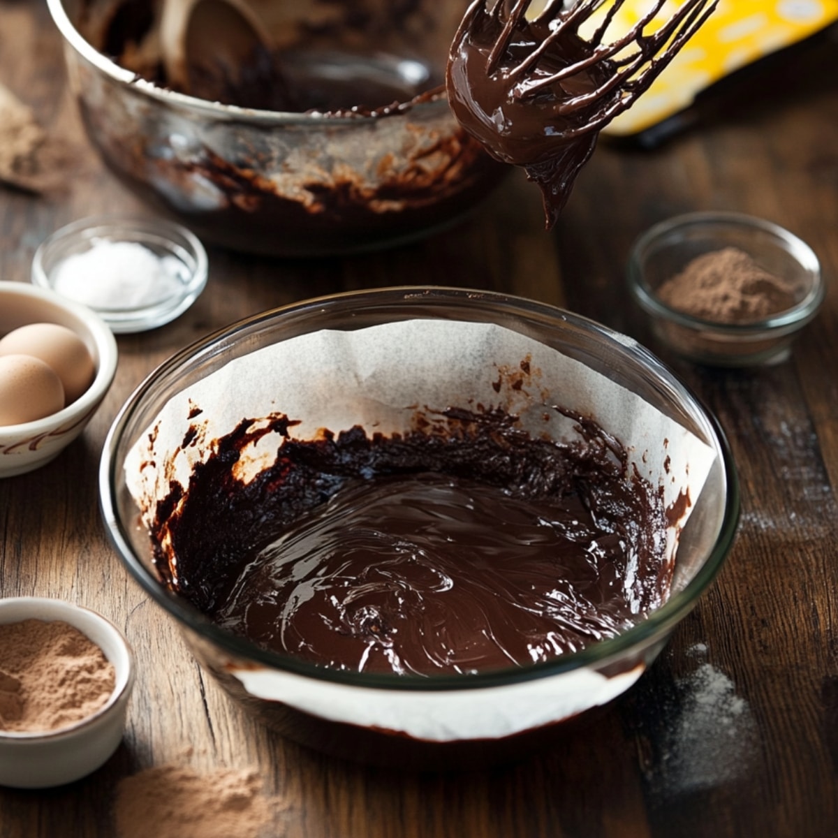 Brownie batter in a parchment-lined bowl with a chocolate-covered whisk, surrounded by baking ingredients on a rustic table.