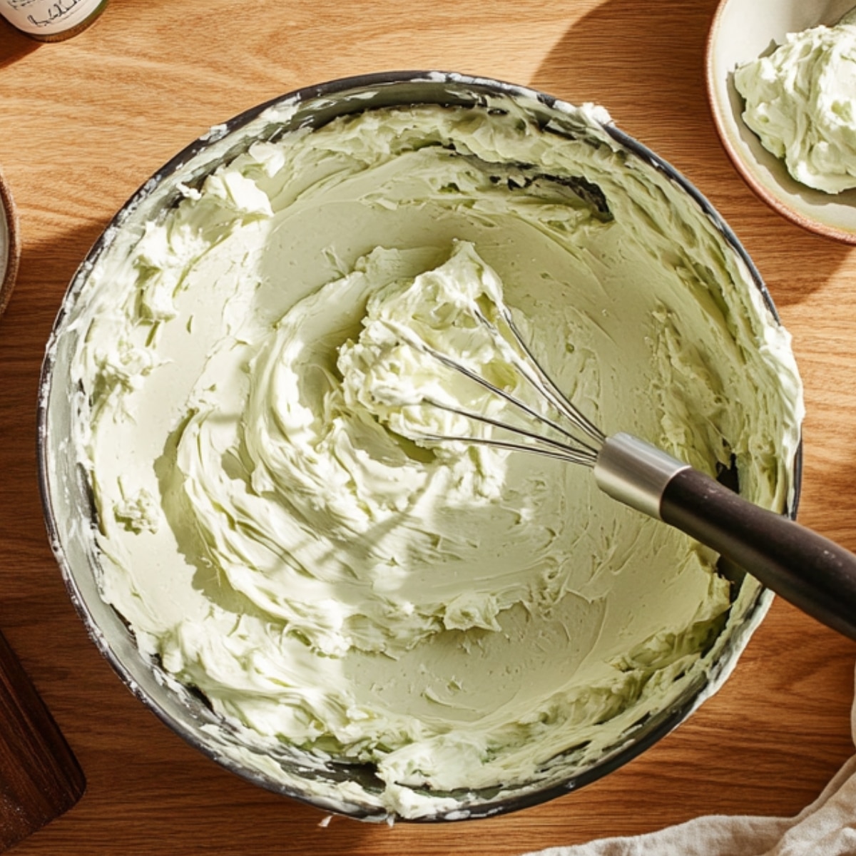 Light green mint frosting in a metal bowl with a whisk on a wooden countertop.