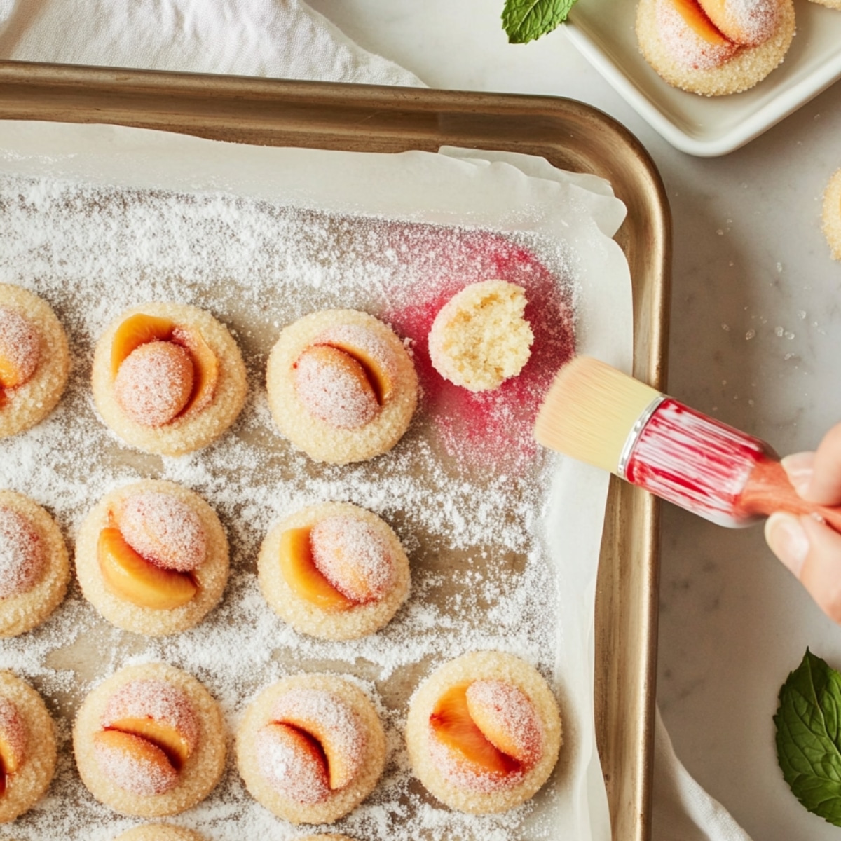 Overhead view of peach sandwich cookies on a baking tray, one being brushed with red liquid to tint the sugar coating. The cookies are sugar-dusted with peach-colored centers, and mint leaves and finished cookies are nearby.