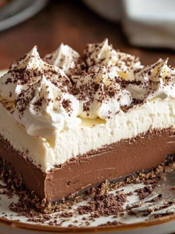 A slice of homemade French Silk Pie with a smooth chocolate mousse layer, topped with whipped cream peaks and grated chocolate, sitting on a crumbled cookie crust.