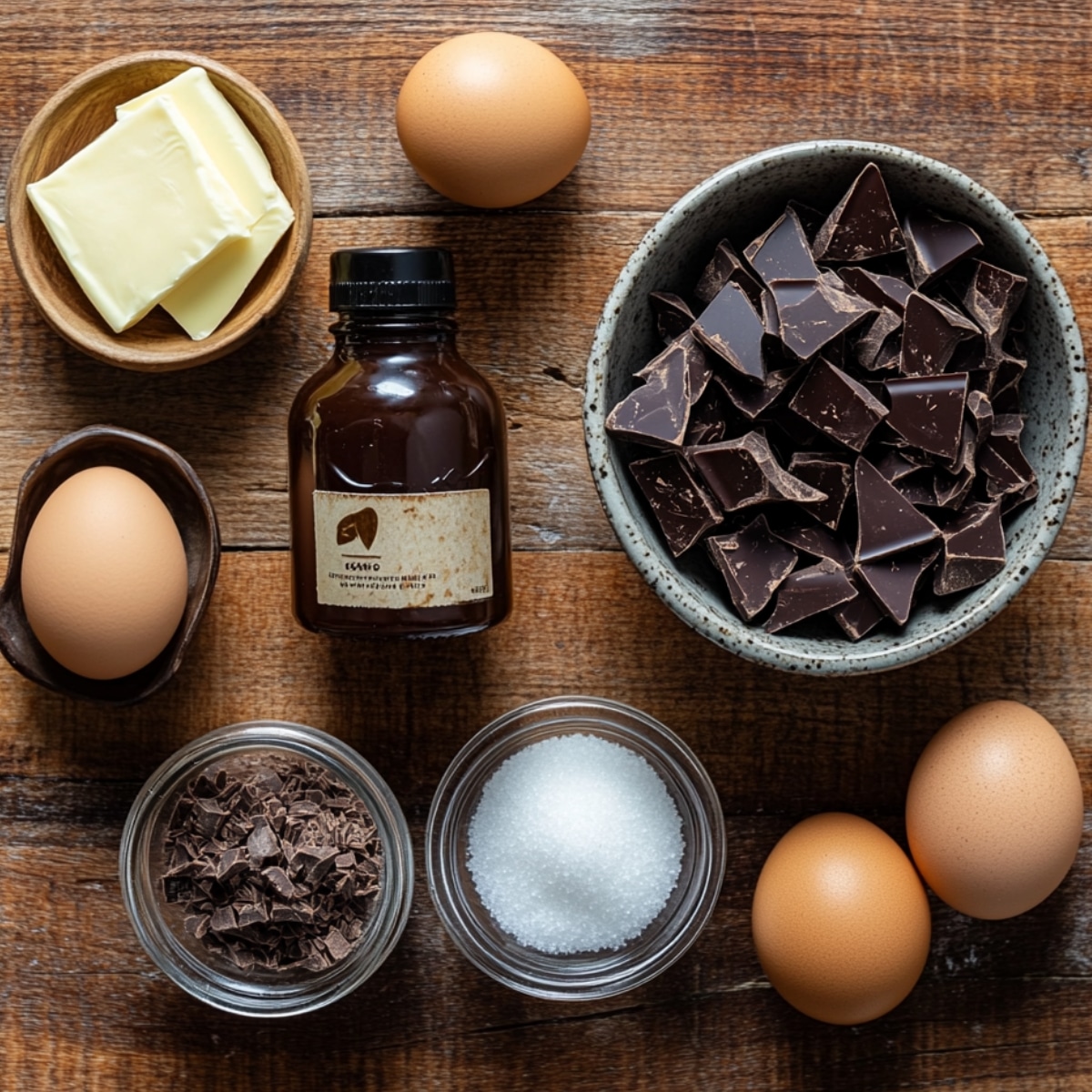 A rustic wooden kitchen surface displays ingredients for French Silk Pie: cubes of unsalted butter, brown eggs, pure vanilla extract, chunks of semisweet chocolate, and bowls of chopped chocolate and sugar, all bathed in soft natural light.