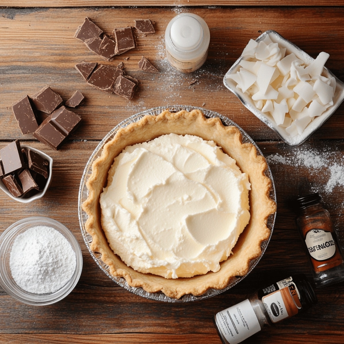 A homemade French Silk Pie with a creamy white filling in a golden crust sits on a rustic wooden counter, surrounded by chunks of semisweet chocolate, powdered sugar, and vanilla and cinnamon extract bottles, with a bowl of white chocolate shavings on the side and a light dusting of flour