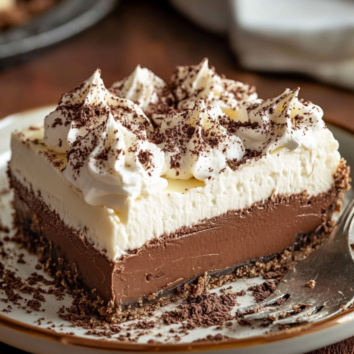 A slice of homemade French Silk Pie with a smooth chocolate mousse layer, topped with whipped cream peaks and grated chocolate, sitting on a crumbled cookie crust.