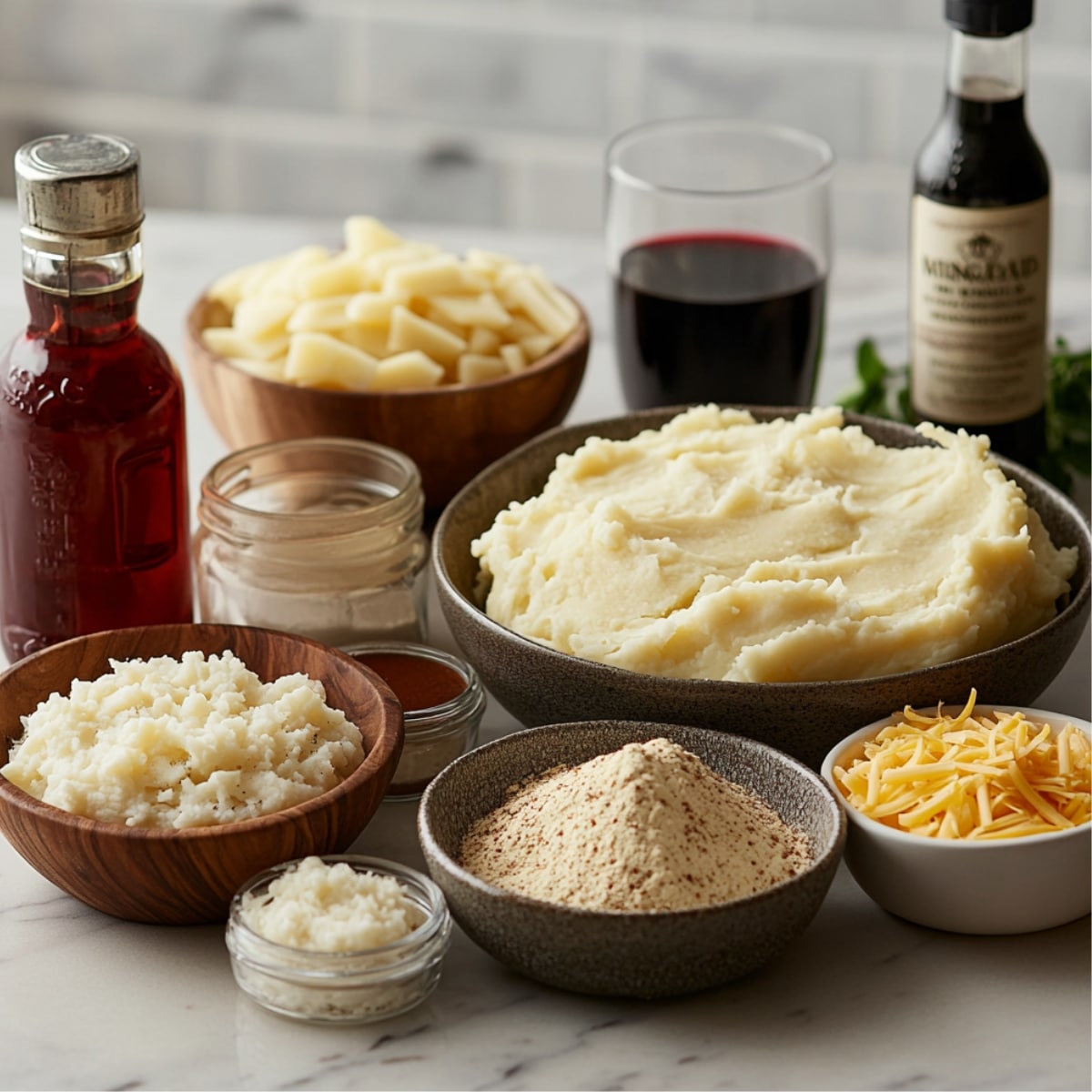Ingredients for homemade hamburger pie on a marble counter: mashed potatoes, shredded cheese, breadcrumbs, chopped potatoes, red wine, sauces, and seasonings.