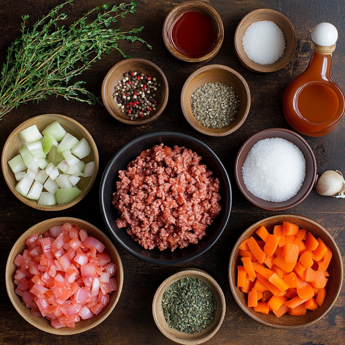Top-down view of hamburger pie ingredients on a wooden table, including ground beef, chopped onions, carrots, tomatoes, herbs, spices, vinegar, oil, garlic, and fresh thyme.