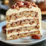 Homemade butter pecan cake slice with layers of fluffy pecan-studded cake and creamy frosting, topped with toasted pecans on a white plate.