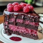 A moist homemade chocolate raspberry cake slice with rich ganache, raspberry filling, and fresh raspberries on top, served on a white plate with a silver fork.