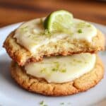 Homemade key lime cookies with a creamy glaze, lime zest, and a fresh lime wedge on top, stacked on a white plate with a soft, golden-brown texture.