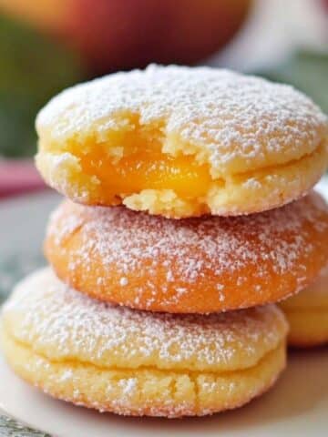 Stack of five homemade peach cookies on a white plate, sugar-coated with golden edges and glossy peach filling in the center, softly lit by natural daylight with a blurred green background.