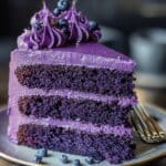 A homemade slice of purple velvet cake with three moist layers and lavender frosting, topped with piped swirls, fresh blueberries, and gold sprinkles, served on a plate with silver forks.