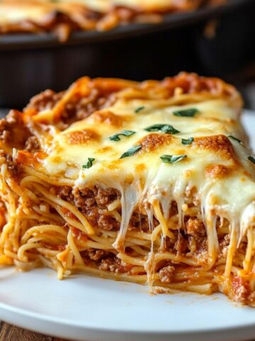 A slice of homemade spaghetti pie Recipe on a white plate, featuring layers of spaghetti, meaty tomato sauce, and melted mozzarella cheese, garnished with fresh parsley. The dish has a rich, inviting look with a rustic, homemade feel.