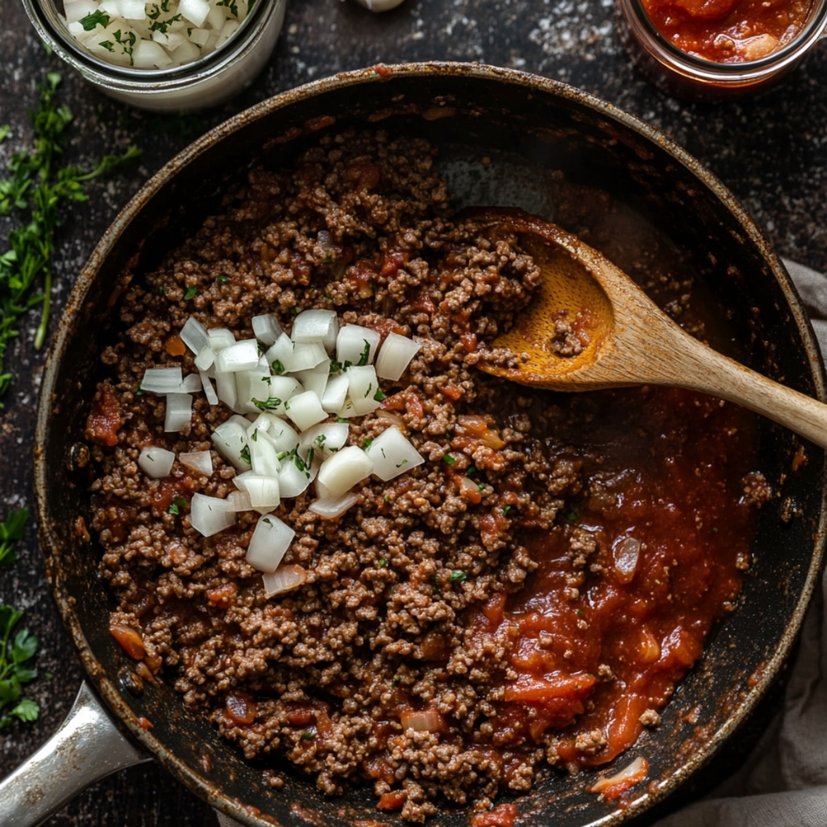 Ground beef and marinara sauce simmering in a skillet with chopped onions on top, a wooden spoon resting in the pan. Fresh herbs and a jar of marinara sauce are in the background, creating a cozy, homemade cooking scene.