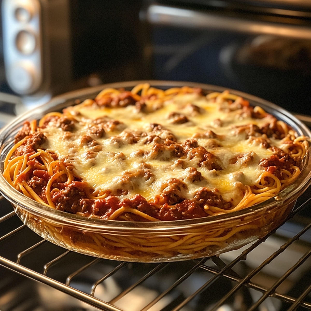 A freshly baked spaghetti pie in a glass dish, with melted mozzarella cheese and meat sauce, resting on a cooling rack in warm lighting.