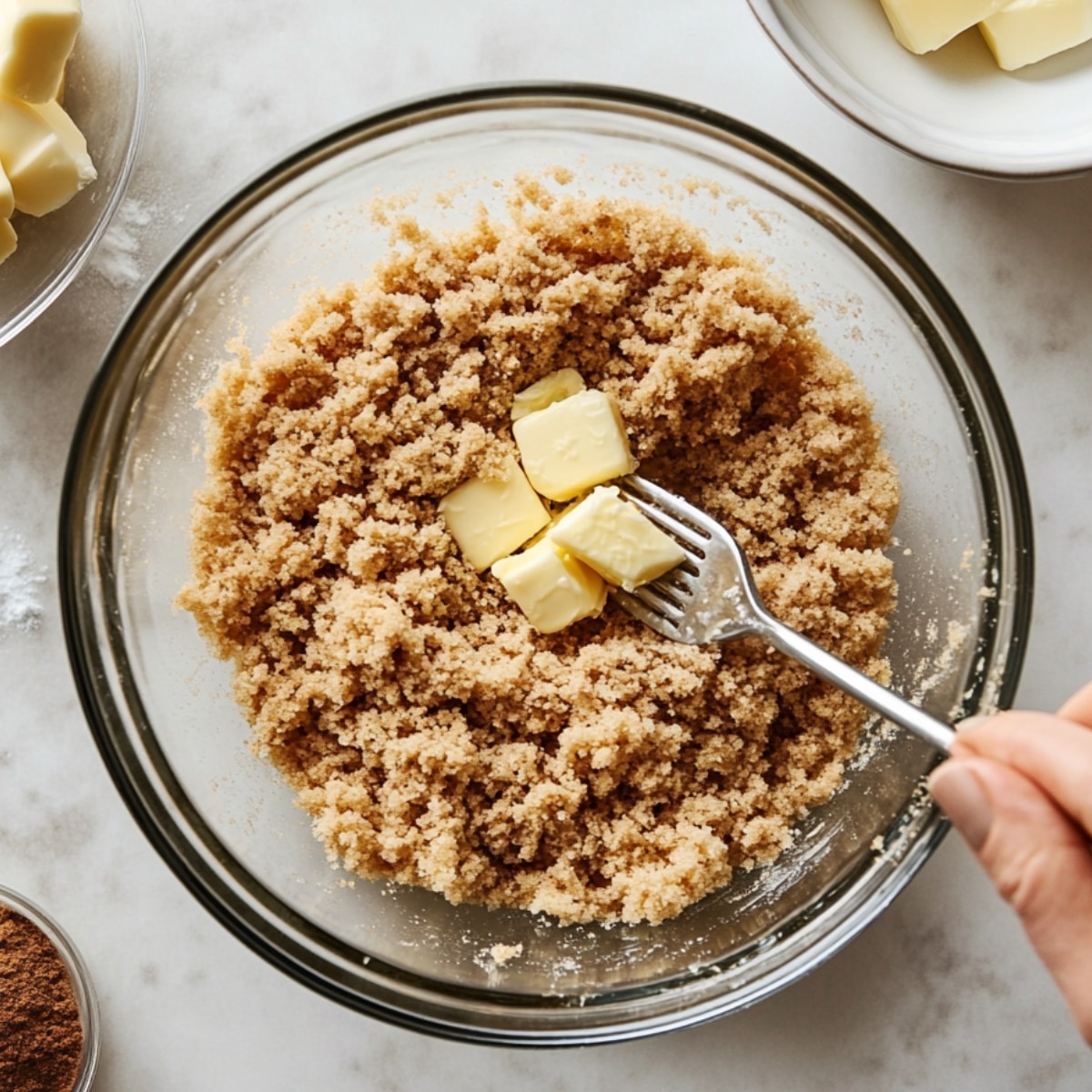 A close-up of making streusel for blueberry coffee cake. Brown sugar and cubes of cold butter are being mixed with a fork in a glass bowl, creating a crumbly texture. The scene is set on a light marble surface, with additional butter and cinnamon visible in the background, lit with soft, natural light