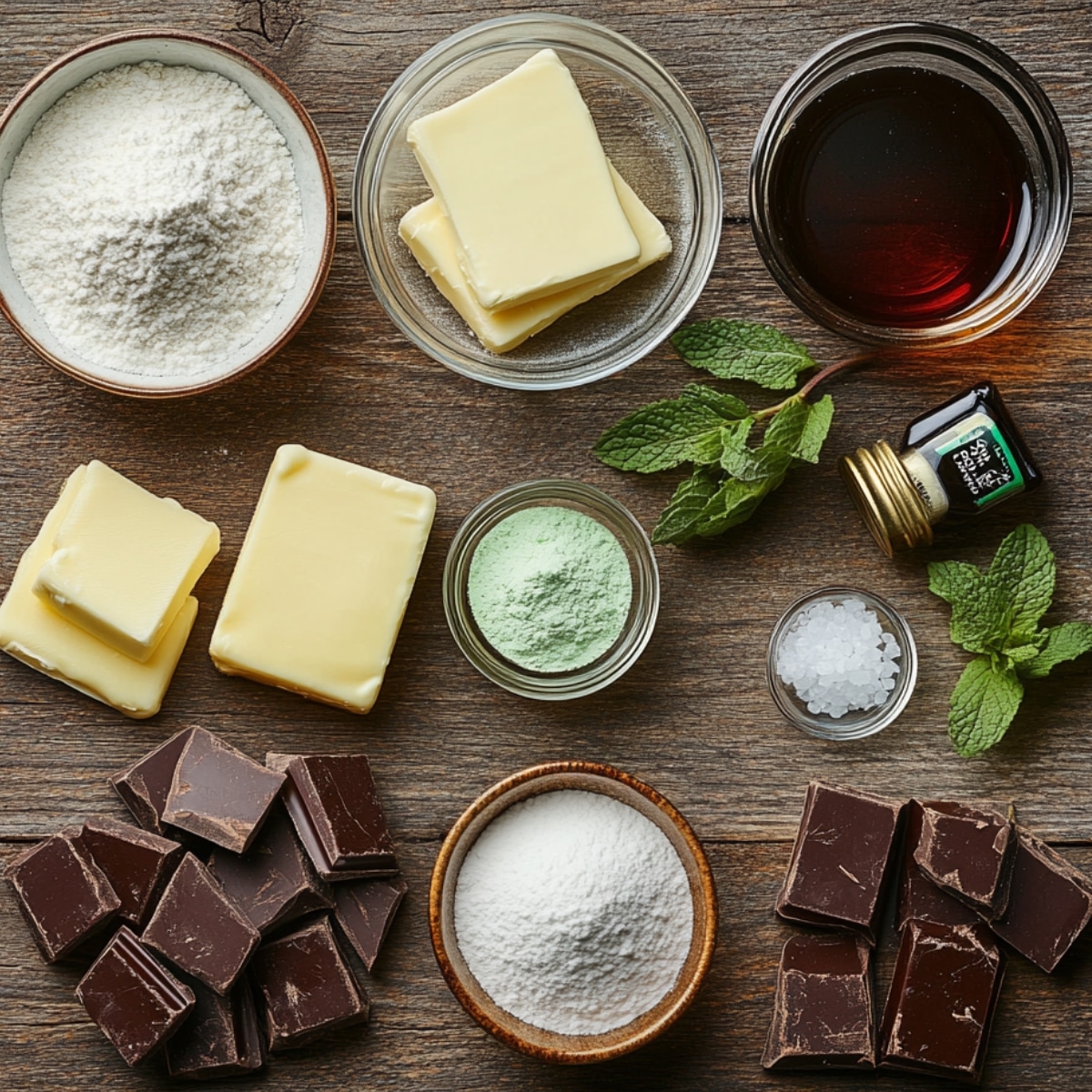 Mint brownie ingredients: butter, chocolate, flour, powdered sugar, mint extract, syrup, and fresh mint on a rustic wooden table.