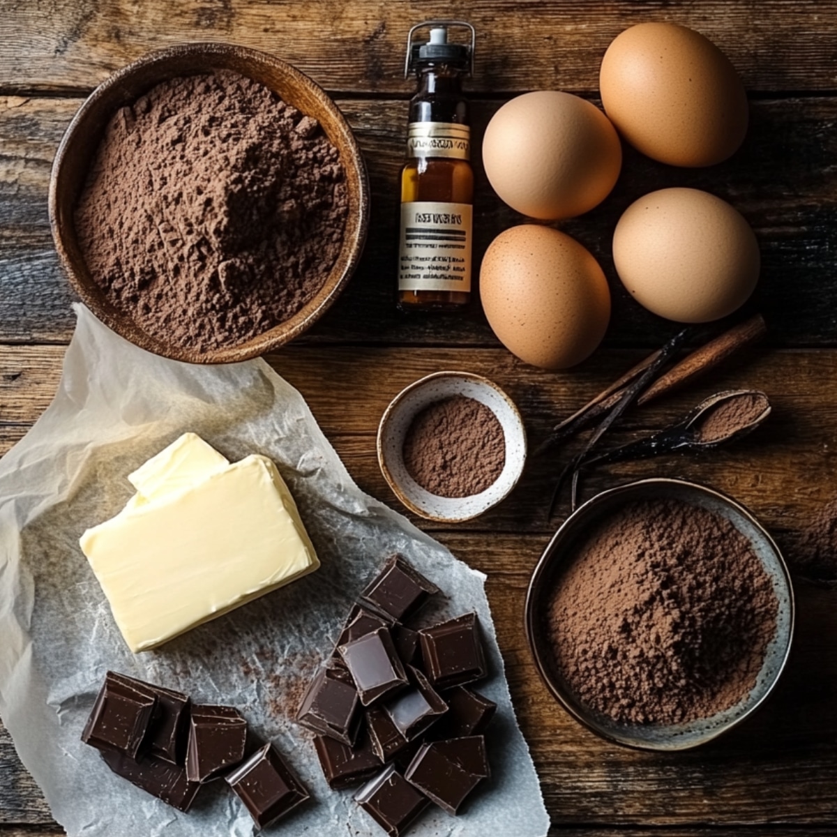 Ingredients for homemade brownies: cocoa powder, eggs, butter, chocolate, vanilla extract, and espresso powder on a rustic wooden table.