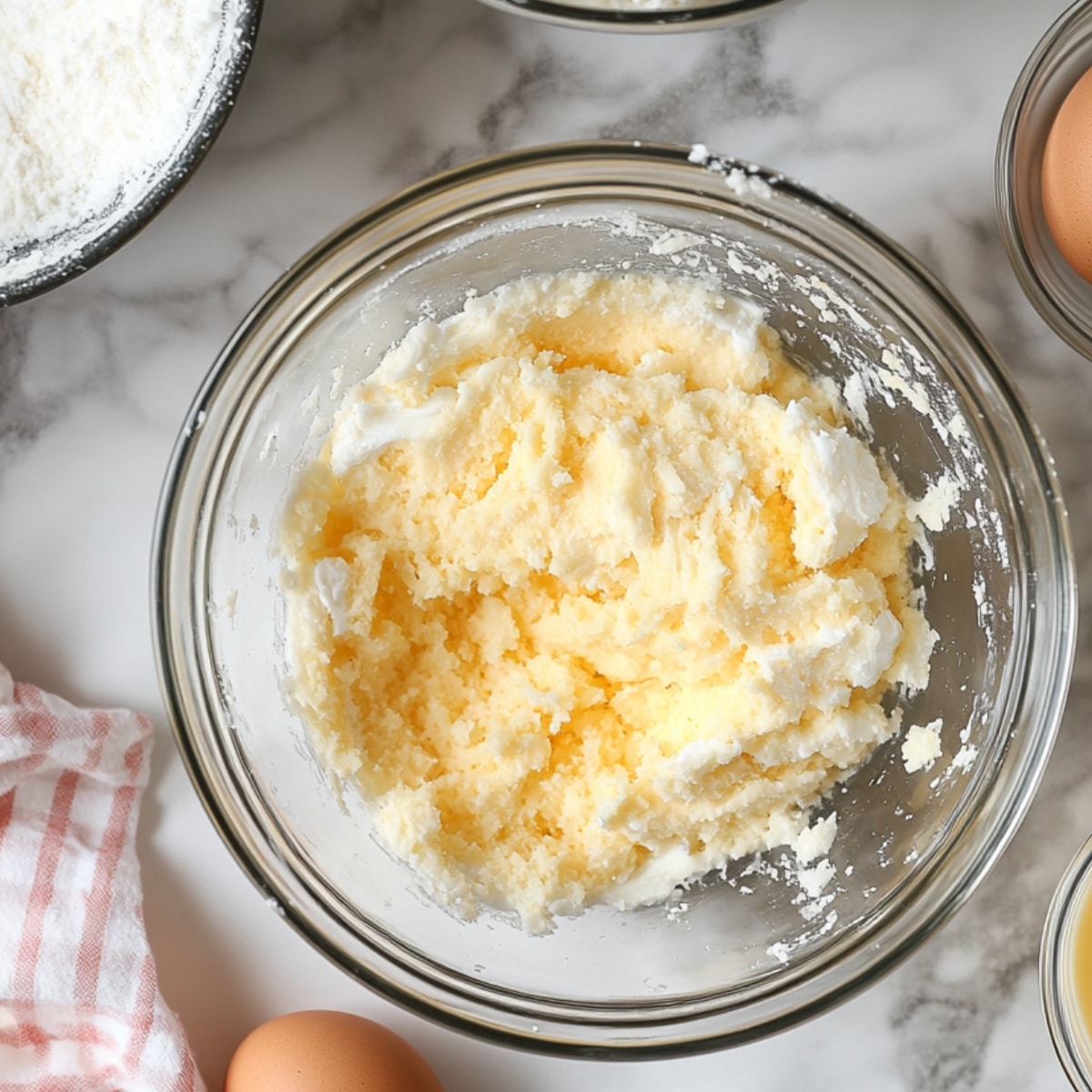 Creamed butter and sugar in a glass bowl on a marble counter, surrounded by eggs, flour, and a striped kitchen towel—early stage of baking a homemade coconut cake.