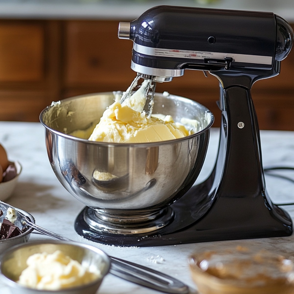 A stand mixer with butter in a metal mixing bowl sits on a marble countertop, surrounded by ingredients like chocolate chunks, eggs, and cream—capturing a real, homemade baking moment.