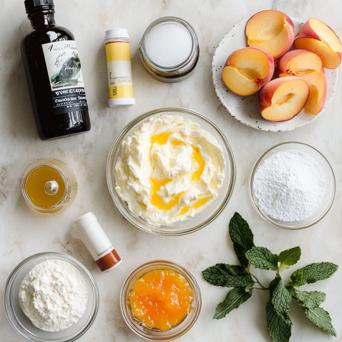 Flat lay of peach cookie filling ingredients on a marble surface, including a bowl of whipped mascarpone with peach liqueur, powdered and granulated sugar, peach preserves, vanilla extract, food coloring tubes, fresh peach halves, and mint leaves, all lit with soft natural light.