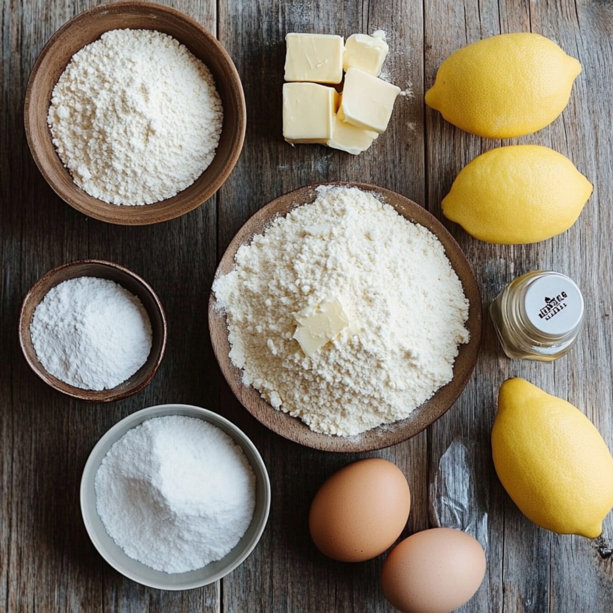 Top-down view of peach cookie dough ingredients on a rustic wooden surface, including bowls of flour, powdered sugar, baking powder, cubes of butter, whole lemons, a small jar of vanilla extract, and two brown eggs, arranged naturally with soft daylight for a homemade feel.
