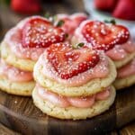 Homemade strawberry sugar cookies stacked on a wooden platter, topped with pink frosting and heart-shaped strawberry slices, dusted with powdered sugar. Fresh strawberries are visible in the blurred background.