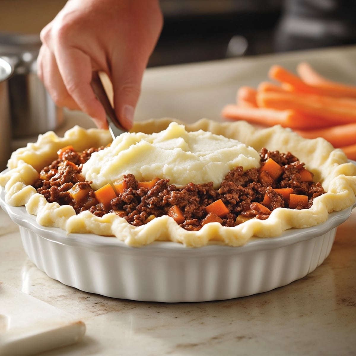 Homemade hamburger pie being assembled in a white ceramic dish, with a hand spooning mashed potatoes over a rich beef and carrot filling inside a crimped pie crust, on a kitchen counter with sliced carrots in the background.