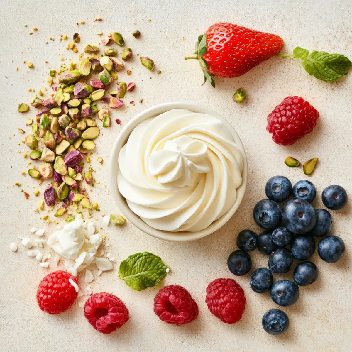 A bowl of whipped cream surrounded by crushed pistachios, white chocolate shavings, fresh raspberries, blueberries, and a strawberry with a mint leaf on a light surface.