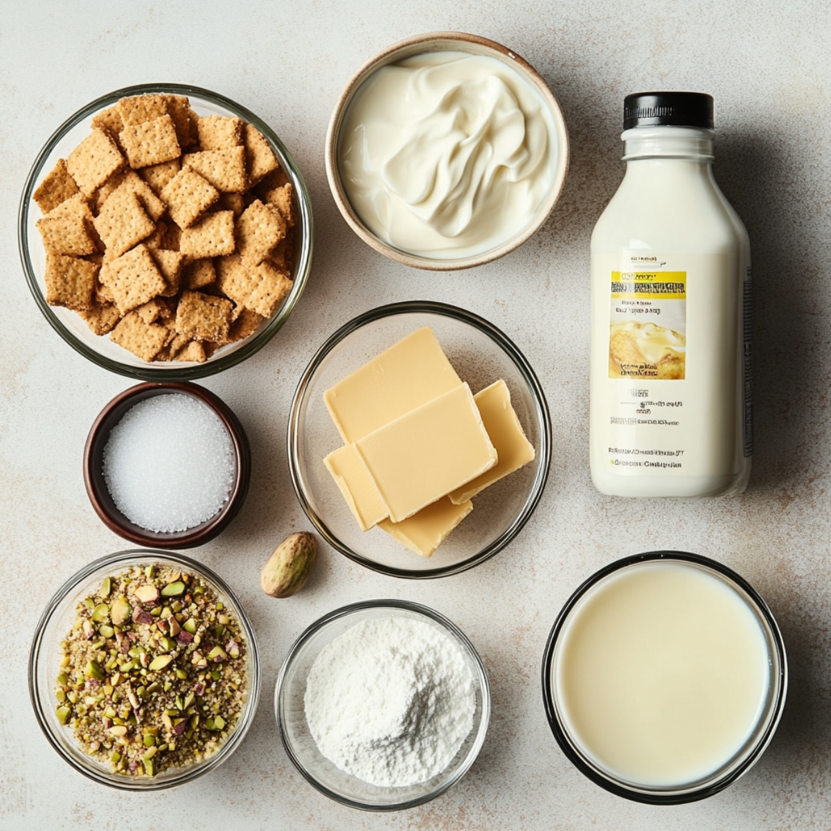A top-down view of pistachio pie ingredients on a light kitchen surface, including graham cracker pieces, cream, milk, butter slices, sugar, chopped pistachios, powdered sugar, and a whole pistachio.